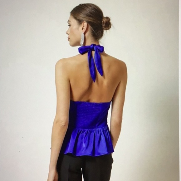 Line & Dot Blue Satin Halter Ruffle Peplum Wrap Going Out Top S NWT - Picture 2 of 16